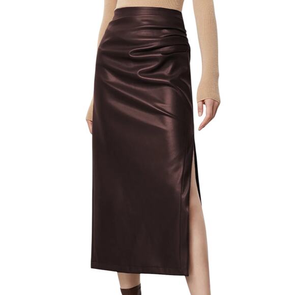 Commense Faux Leather Ruched High Waist Midi Skirt – Brown/Burgundy – Size XL - Picture 1 of 4